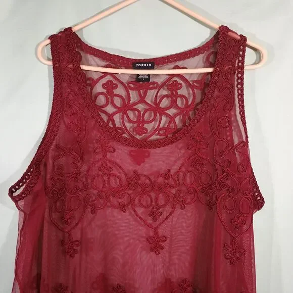 Red Lace Tank Top Women's Sheer Embroidered Boho Sleeveless Scalloped Hem Blouse - Picture 2 of 4